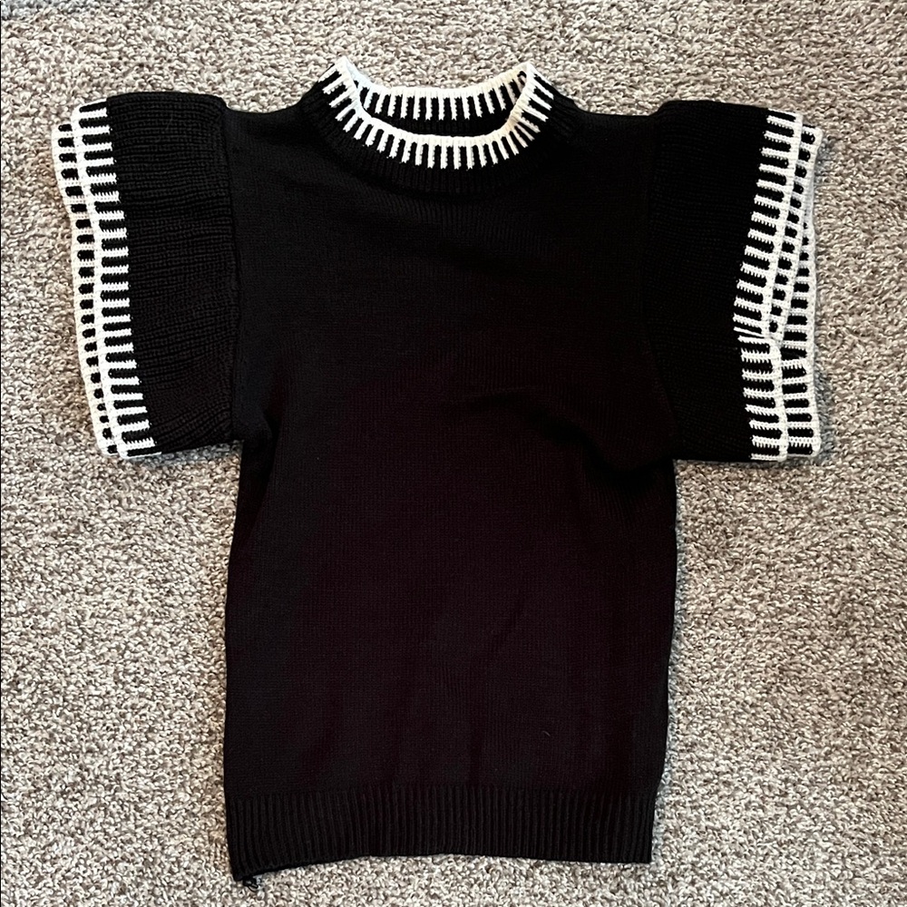 Black Sweater Top with White Contrast Trim
